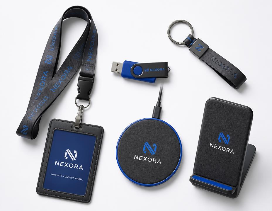 Branded lanyard, USB drive, keyring, wireless charger and phone stand
