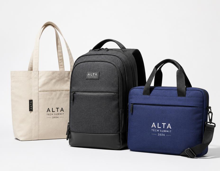 Branded canvas tote bag, laptop backpack and conference bag