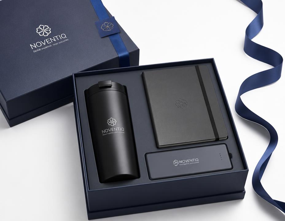 Luxury corporate gift box with branded tumbler, notebook and power bank